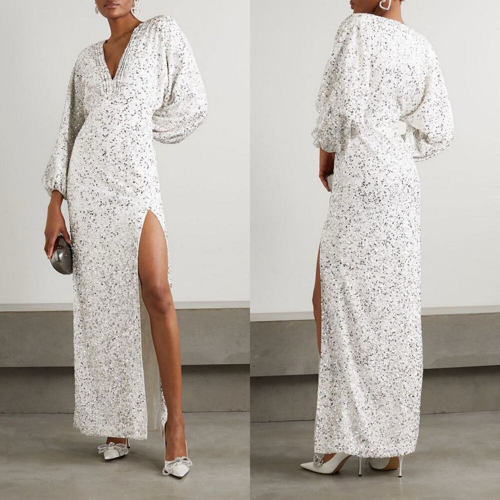 Retrofête White Sequin Maxi Dress XS NWT Bridal Wedding Reception Gown Slit - Picture 10 of 10
